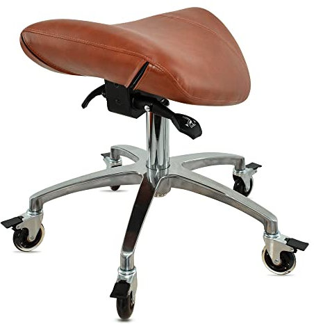 VAKON SALON - Sattelhocker mit Neigung Hellbraun, Sattelstuhl, Rollhocker höhenverstellbar von 50-65 cm, Drehhocker, Praxishocker, Bürohocker, Arbeitshocker