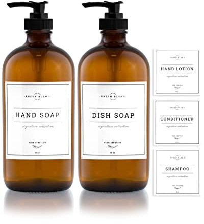 Vine Creations Lot de 2 distributeurs de savon en verre ambré Bouteilles en verre épais de 473,6 g avec pompe en plastique noir Décoration moderne de cuisine et de salle de bain Bocal vintage