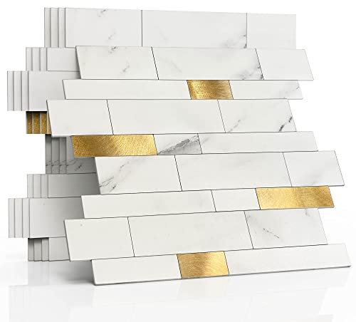 M MOFIT 3d Selbstklebende Wandfliesen Küche,Matte Marmor Mosaikfliesen Selbstklebend Steinoptik Metro Fliesen Ziegel Wandaufkleber Bad Wasserdichte(5 Matten,Weiß Gold)