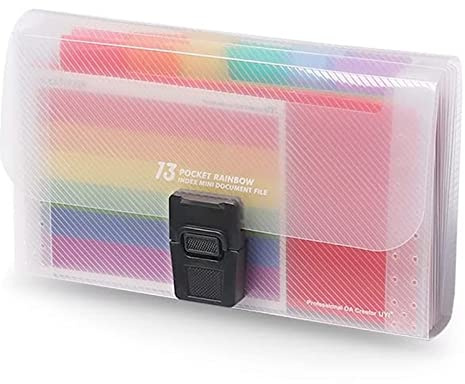 1 Pack A6 Expanding File Folder with 13 Pockets, Portable Rainbow Document Organiser & Expandable Receipt Wallet Case with Coloured Index Tabs