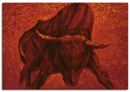 ARTLAND Wanddeko Leinwand Bilder Wandbild 130x90 cm Stier Tiere Spanien Stierkampf Katalonien Malerei Modern Rot T4IU