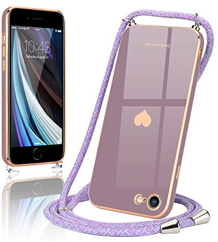 Wirvyuer Handyband Kompatibel mit iPhone SE 2022 Hülle, iPhone 7,iPhone 8,iPhone SE2020 Handyhülle mit Band zum Umhängen Kameraschutz Liebesherz Silikon Hülle für iPhone 7/8/SE2020/SE2022 Lavendel