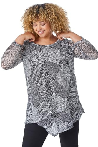 Roman Originals Women Hanky Hem Tunic Ladies Top Asymmetric Hemline Blouse Double Layer Mesh Overlay Jersey Stretchy Summer Spring Flattering 3/4 Sleeve Smart Casual Work - Black Plus - Size 20