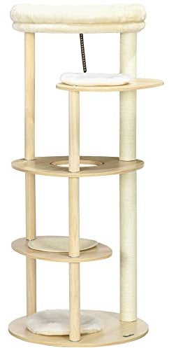PawHut Arbre à Chat griffoir grattoir avec poteaux sisal Coussin Amovible Plateforme - Hauteur 123,5 cm - Peluche et Bois - Beige