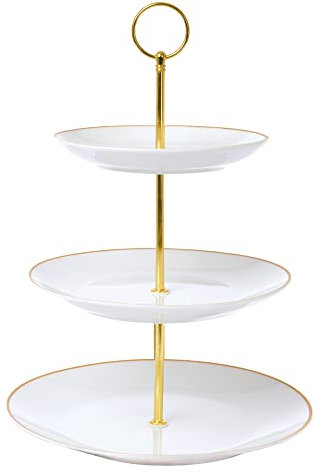 URBNLIVING Kuchenständer mit 3 Etagen, Porzellan, rund, wiederverwendbar, für Cupcakes, Obst, Dessert, Nachmittagstee, Teller mit Tragegriff (Gold)