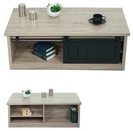 Mendler Couchtisch HWC-K75, Beistelltisch Wohnzimmertisch, Schiebetüre 6 Staufächer, Holz-Optik Metall 44x120x60cm - naturfarben