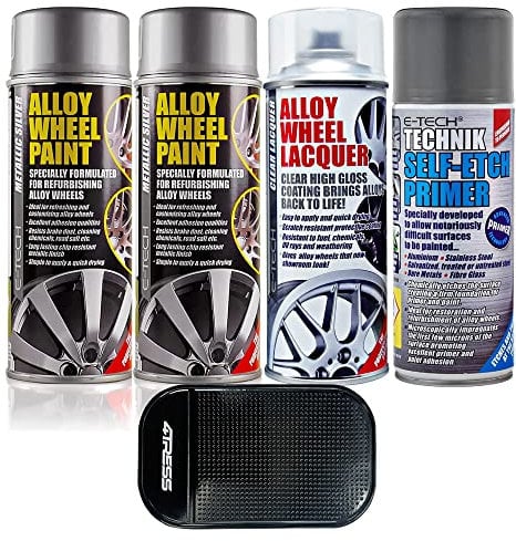 4TRESS E-Tech 2 x 400ml Metallic Silver Chip Resistant Alloy Wheel Spray Paint, 1 x Clear Lacquer Car Alloy Wheel Paint, 1 x 400ml Self Etch Grey Primer Non Slip Car Dash Mat