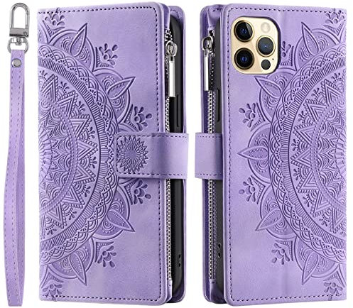 VEEMOS Wallet Case for iPhone 12/12 Pro Flower Flip Case Protective Leather Folio Book Phone Cover with Card Slots Kickstand Zipper Pocket - Purple