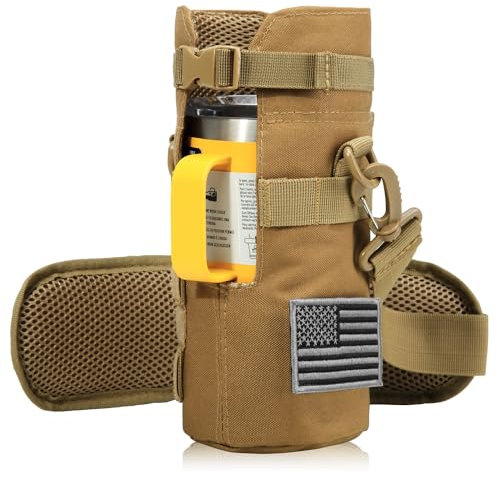DBTAC Tactical Water Bottle Pouch 32 oz w/U-Shape Opening Fits Up to Travel Mug/Bottle with Handle | Military Hydration Carrier w/Shoulder Strap for Traveling Hiking Camping Outdoor Sports, Tan