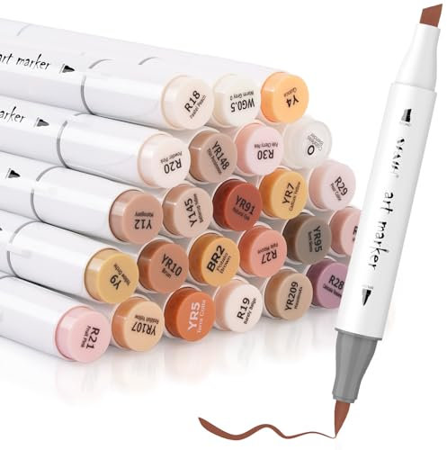 SFAIH Skin Tone Alcohol Markers Set - 25 Skin Colors Dual Tip Alcohol Based Markers Brush Tip and Chisel Tip, Art Drawing Markers for Adult Artists Beginner Kids Coloring Books W/1 Blender