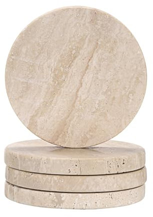 TOLIDA Lot de 4 dessous de verre ronds en travertin avec tampons en bois souple de 10 x 10 cm – Dessous de verre en travertin beige naturel pour boissons, tasses à café, décoration de bureau à