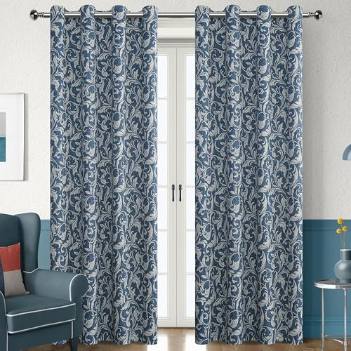 Erbnaryx 80 % Verdunkelungsvorhänge für Schlafzimmer, blaue Schnörkeln, Blumenmuster, 244 cm Länge, für Wohnzimmer, Vintage-Art-Deco-Vorhänge, wärmeisoliert, Fenstervorhänge, Ösen, 2 Paneele
