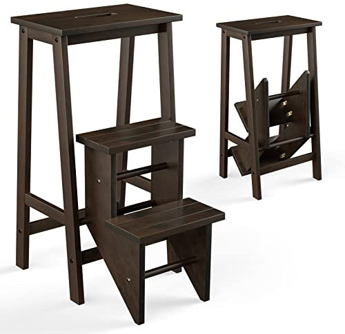 GOPLUS 3 Stufen Tritthocker aus Gummiholz, Klapphocker mit Tragegriff & Rutschfester Trittfläche, Leiterhocker klappbar, Trittleiter Hockerleiter für Küche, Haus und Büro, 57 x 41 x 76 cm (Braun)