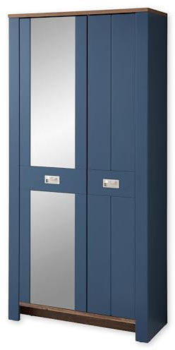 DIJON Garderobenschrank mit Spiegel in Parisian Blue, Haveleiche Cognac Optik - Moderner Flurgarderoben Schrank mit viel Stauraum - 98 x 201 x 38 cm (B/H/T)