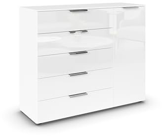 Rauch Möbel Flipp, Kombikommode, Kommode mit Stauraum für Wohnzimmer, Schlafzimmer, Flur, 2 Fachböden, Alpinweiß/Glasfront Weiß, 1-türig, 5 Schubkästen, Griffe Chrom, 120x100x42cm