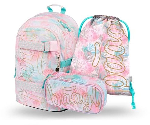 Baagl Schulrucksack Set Mädchen 3 Teilig, Schultasche ab 3. Klasse, Grundschule Ranzen mit Brustgurt, Ergonomischer Schulranzen (Sunset)