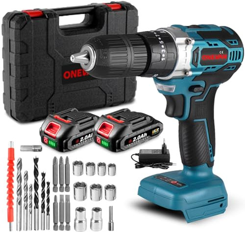 ONEVAN avvitatore a batteria, 25+3 trapano a percussione batteria con 2 2,0Ah batterie, 20V 54Nm tassellatore a batteria avvitatore elettrico per Fai da Te Domestico