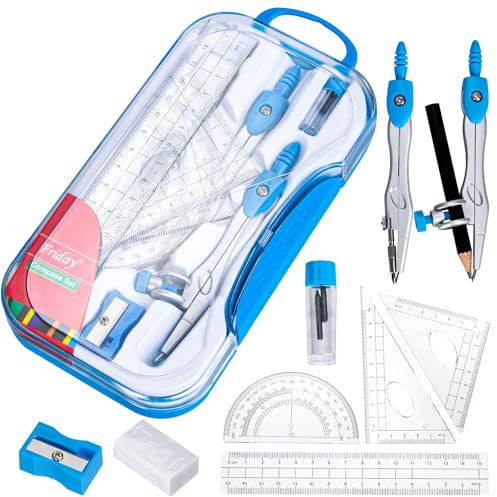 Acooruiteng Geometrie Set 10 Teiliger Geodreieck Set Tragbar Zirkel Set Zirkelset Maths Set mit Zirkel Radiergummi Winkelmesser Geodreieck Lineal Spitzer Bleistift Ersatzminen Blau