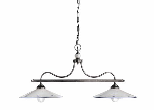 Licht-Erlebnisse Hängeleuchte Keramik Lampenschirm 97 cm lang 2-flammig handbemaltes Dekor Weiß Blau Silber antik für 2x E27 Hängelampe Esstisch Billardleuchte