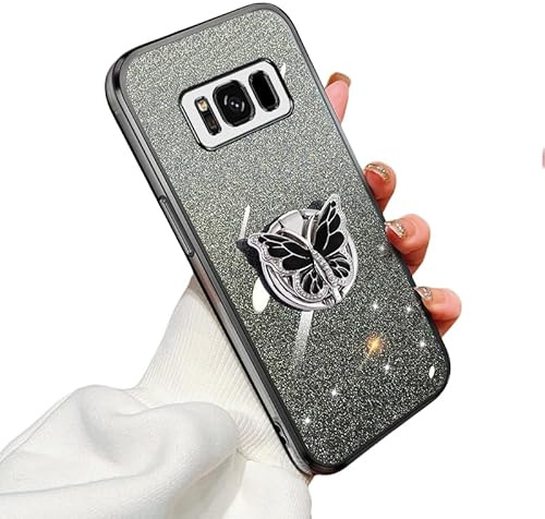 Glitzer Hülle für Samsung Galaxy S8 Schutzschale Schmetterling Ständer Handyhülle für Galaxy S8 Weich TPU Galvanisierte Bling Anti-Scratch Schale für Mädchen Frauen Case für Samsung S8 (black)