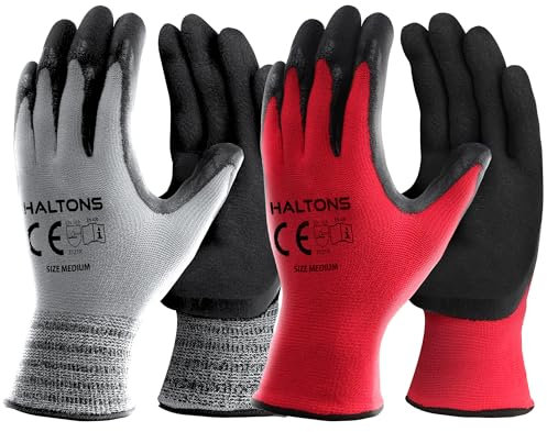 Haltons Latex & Polyester Work Gloves Men (12 Pack Medium), Durable Gardening Gloves for Women, Snug Fit & Non Slip, Ideal for DIY, Builder & Mechanic Work (Red/Grey)
