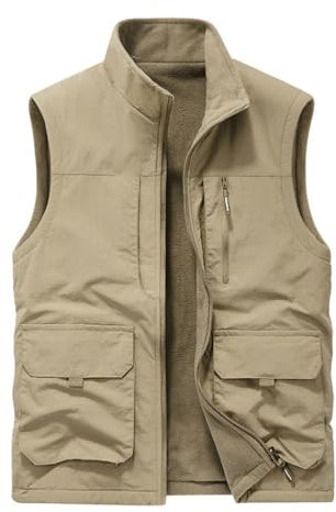 YSTHPED Autumn and winter men's waistcoat casual stand-up collar work wear vest top(Khaki plus velvet,XL)
