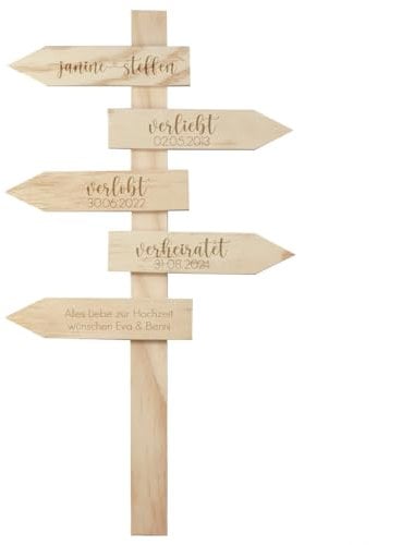 Herz & Heim® Wegweiser Holzschild als schickes Deko Geschenk für verschiedene Anlässe, personalisierte Gravur (Verliebt - Verlobt- Verheiratet)