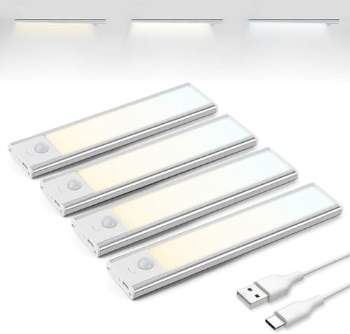 Brendz Schranklicht mit Bewegungsmelder, Kleiderschrank Beleuchtung, 4 x 20cm, 3 Farbtemperaturen, Aufladbar, Dimmbare Schrankbeleuchtung, Led Lichtleiste Kabellos, Silber