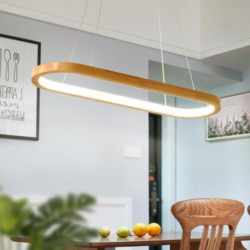 Deliouay Dimmbare Moderne LED Pendelleuchte, LED Büro Holz Hängeleuchte, Esszimmer Esstischlampe Hängend Lampe mit Fernbedienung Moderne Oval Hängelampe, für Wohnzimmer Kücheninsel Leuchten (70 cm)