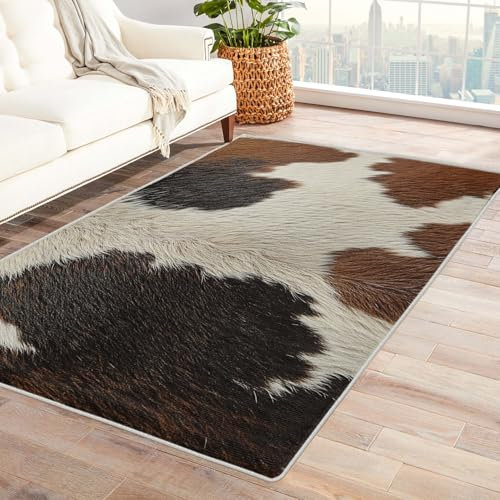 Cowhide Rug Large - Cow Print Rug, Brown Black and White Rugs for Living Room Bedroom, Washable Non Slip Soft Large Carpet, Patterned Area Rugs & Home Decor 120x170 cm
