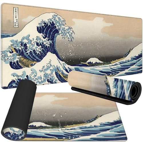 Tech Stor3 Alfombrilla de ratón japonesa Art La Grande Onda de Kanagawa XXL Gaming Mouse Pad 90 x 40 cm con base antideslizante, adherente y lisa, adecuada para cualquier ratón, teclado y portátil