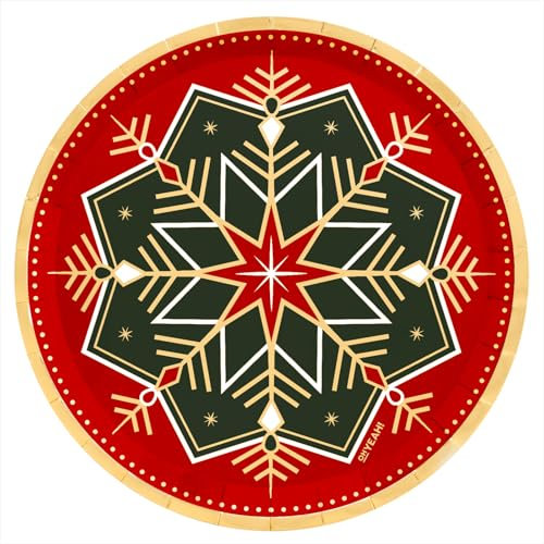 OH YEAH - Lot de 6 assiettes en carton de Noël d'hiver tricolore - 23 cm - Effet métallisé - Flocon de neige - Rouge - Décoration de table de Noël - Design unique
