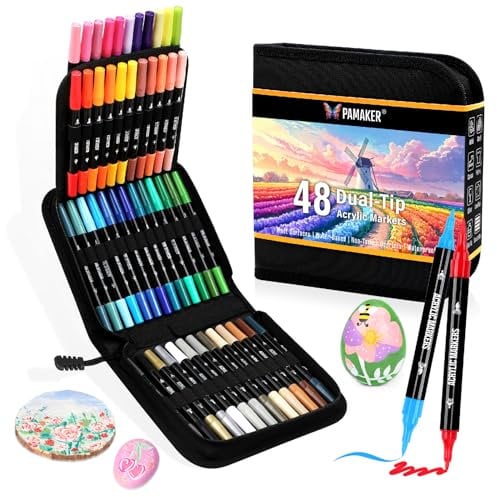 48 Farben Acrylstifte Set – Doppelseitige Spitzen, Multimarker für Steine, Holz, Stoff, Leinwand, Glas, Keramik in Stofftasche – Vielseitige Acrylfarben für Künstler & DIY Projekte