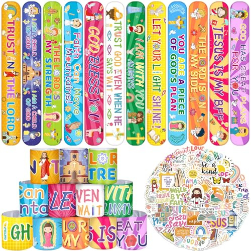 Lcnjscgo 86 Stück religiöse Slap-Armbänder mit 50 Stück christlichen Jesus-Aufklebern, Jesus Love You, Schnapparmbänder, Bibelvers, Glaube, Aufkleber, Sonntag, Schulbedarf, christliche Geschenke