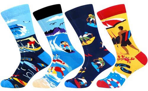 WeciBor Herren Lustige Bunte Socken mit Motiv, 4 Paar Mehrfarbig Surfer, Größe 43-46