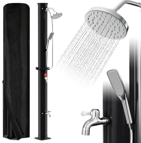 Eulenke Solardusche Garten 20 Liter | Gartendusche Solar | warmes Wasser max. 60 °C | außendusche mit handbrause & Wasserhahn | Inkl. Schutzhaube | Regenduschkopf und Wasserhahn | Schwarz