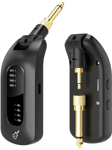 Aiworth Kabelloses Gitarrensystem, 5,8 GHz, 4 Kanäle, wiederaufladbar, digitaler Gitarrensender, Empfänger mit niedriger Latenz, 50 m Reichweite, 48 K/24 Bit Klangqualität für E-Gitarre, Bass