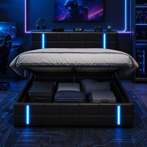 PerGar Doppelbett Polsterbett 160x200 mit LED Beleuchtung, Ladestation, Bett mit Stauraum und Kopfteil, Stauraumbett mit Bettkasten und Lattenrost aus Holz, PU, Ohne Matratze, Schwarz