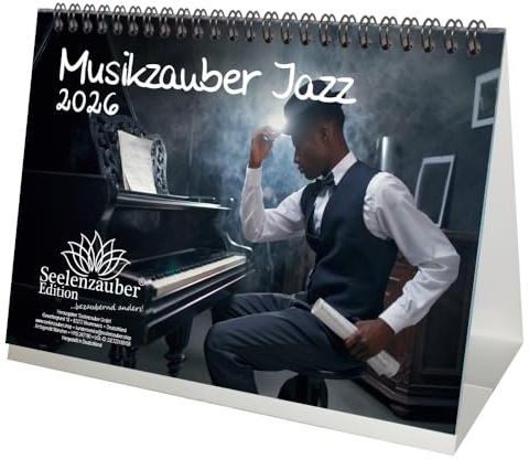 Seelenzauber Musikzauber Jazz DIN A5 Tischkalender für 2026 Jazz und Instrumente - Geschenkset Inhalt: 1x Kalender, 1x Weihnachtsanhänger (insgesamt 2 Teile)