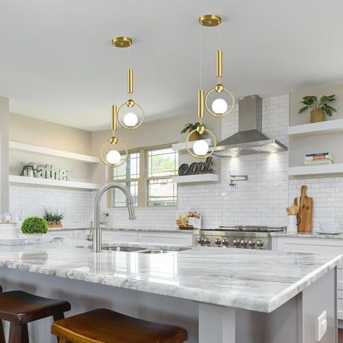 VTAMng Pendelleuchte aus Metall Esszimmerleuchte moderner goldener Kugel Kronleuchter nordischer Stil Kücheninsel Deckenaufhängung Leuchte mit weißem Kugelglas Lampenschirm für Schlafzimmer Flur Trepp