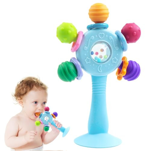 VViN Saugnapf Spielzeug Baby für Hochstuhl, Beißspielzeug Baby ab 3 Monate, Baby Rassel Spielzeug, Montessori-Frühbildungs Motorikspielzeug, Babyspielzeug für Babys von 3-6 Monaten (Blau)