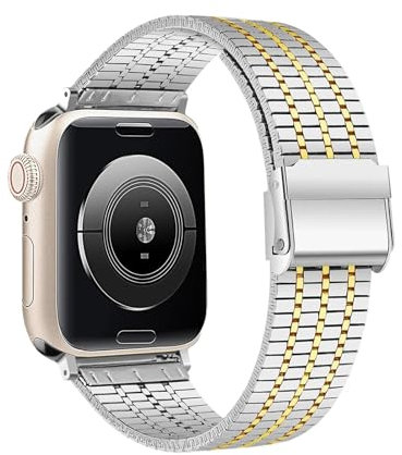 CYSUE Correa de acero inoxidable para Apple Watch Band Ultra 2 49mm 44mm 45mm 41mm 42mm 40mm S10 46mm 42mm Pulsera de metal para Iwatch Series 10 9 8 7 6 SE 5 4 Correas de reloj(Silver gold,42/44/45/4