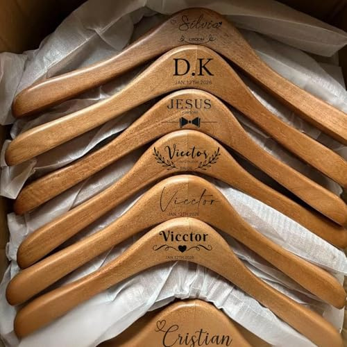 Personalisierter Holzbügel for Brautparty, Graviertes Walnussholz for Brautkleid, personalisierte Brautjungferngeschenke, individueller Name und Datum, weißes Band(Square)