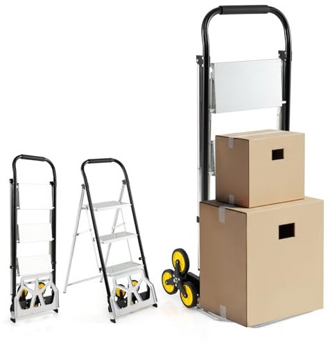 GYMAX Klappbare Treppensteiger, 2-in-1 Sackkarre & Leiter aus Aluminium mit Großen Gummirädern, robust & stabil, Tragkraft 250 kg, Ideal für Umzug, Möbel & Garten
