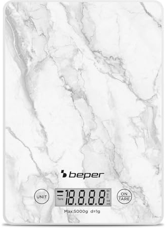 BEPER P102BIL004 Digitale Küchenwaage, Platte aus gehärtetem Glas, Tara-Funktion, LCD-Touch-Display, Genauigkeit 1 g–5 kg, zum Aufhängen, inklusive Batterie, weißer Marmor
