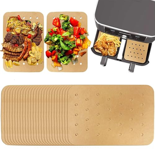 CleaZeny 200pcs 14x20.5cm Disposable Rectangular Air Fryer Liners | Food-grade non-stick baking paper. Perfectly fits most dual-basket air fryers and ovens from Ninja, Lakeland & more