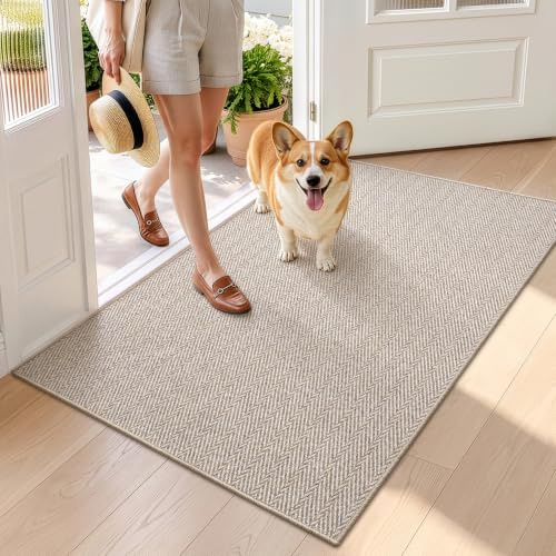 LUMI Extra Dünne Fußmatte Innen 90x140 cm, Eingangsmatte, Beige | 0.35 cm Flachdesign, Schmutzfangend, Schnelltrocknend, Wasserabweisend, Rutschfeste Gummiunterseite, Fischgrätmuster