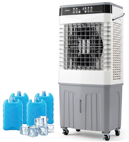 COSTWAY 15L/20L/27L Evaporative Air Cooler, 3-in-1 Oscillating Swamp Cooler/Fan/Humidifier with 3 Speeds, 2 Modes, 4 Ice Packs, 12H Timer, LED Display & Remote Control for Home Office (27L, 2100 CFM)