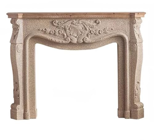 Decorativo Repisa de chimenea estilo francés tallada adornada con marco piedra sintética y tapa madera abeto