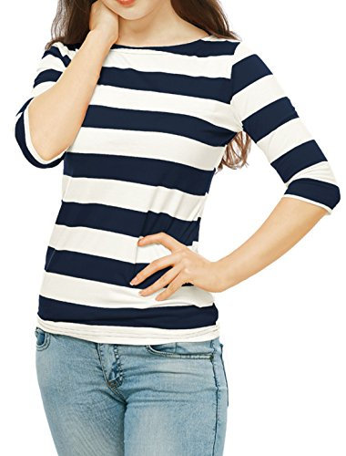 Allegra K Women's Saint Patrick's Day Elbow Sleeves Top Casual Boat Neck Slim Fit Stripe T-Shirt Blue 8